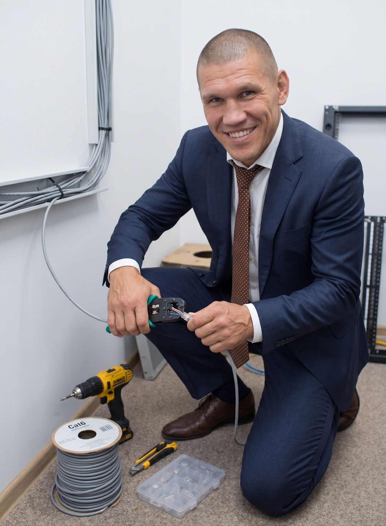 Kudrins uzvalkā tup pie sienas un ar knaiblēm krimpē Ethernet kabeļa spraudni; uz grīdas Cat6 kabeļa rullis un urbjmašīna.